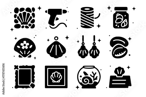 Seashell Craft Icons. Seashell Crafts. Solid icons set of Seashell Crafts: shell mosaic, glue gun, twine, jar of shells, painted shell, shell pendant, shell