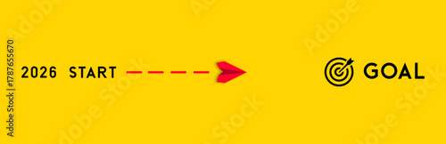 Happy New Year 2026 concept banner with a red paper airplane flies from start to goal target on a yellow background. Modern vector illustration of resolutions, strategy, planning, focus, and success.