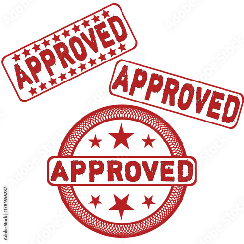 Three red approved stamps with stars on a white background indicating official endorsement symbol