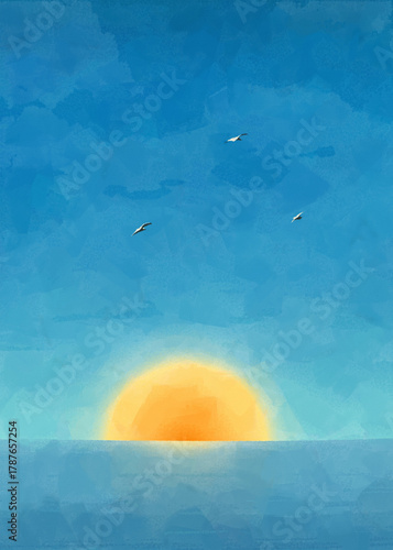 Dramatic scene of sun rising from the ocean and flying seagulls. Graphic arts postcard template, background with copy space. Canvas texture applied.