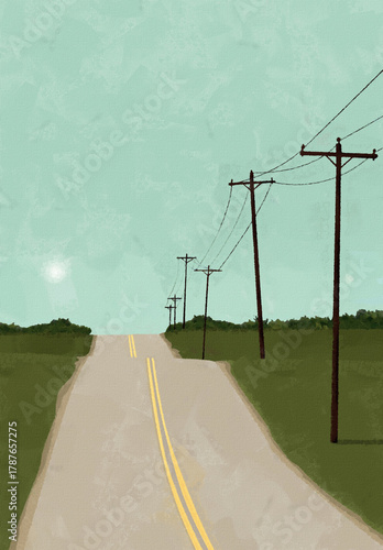 Postcard template with a country road, wooden poles. Copy space graphic template with canvas texture