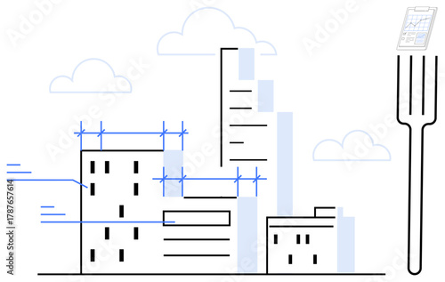 Skyscrapers under construction with scaffolding, clouds, and a large fork holding a document. Ideal for urbanization, architecture, construction, innovation, data analysis, surreal creativity simple