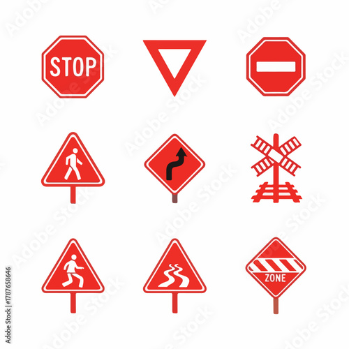 A collection of various red and white road traffic signs for safety. Free Download A collection of various red and white road traffic signs for safety. - GFXLoad