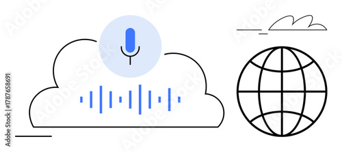 Microphone and audio wave inside cloud shape with globe outline. Ideal for AI, communication, cloud computing, global networking, voice technology, data sharing, innovation. Simple flat metaphor