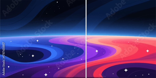 Blue planet illustration in space with bright colorful vector wave motion lines and futuristic energy glow backdrop