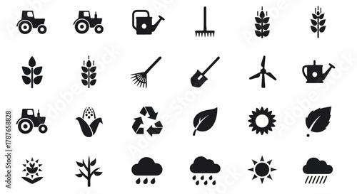 Collection of black solid icons for agriculture and farming.