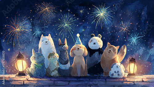 Cute watercolor cartoon to welcome the new year, cute pets gathered around fireworks under a midnight sky with glowing stars