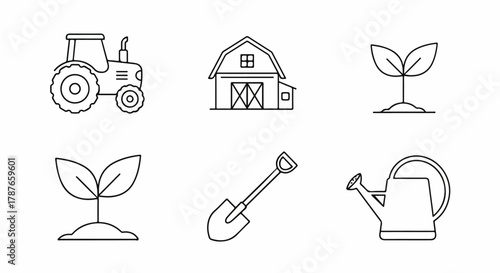 Farming and agriculture line art icon set with tractor barn and plants.