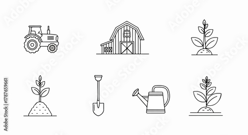 Farming and agriculture line art icon set with tractor barn and plants.