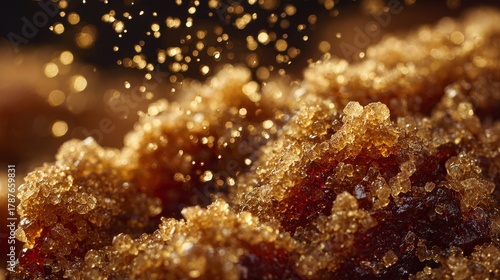 Macro close up of golden sugar crystals with bokeh effect