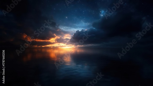 Mystical seascape embracing the cosmic sunset light reflecting on the tranquil waters
