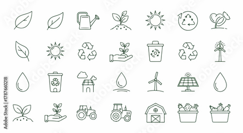 Set of hand drawn icons for environment sustainability and farming.
