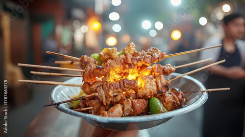 Authentic street food delight, skewers of grilled meat in a vibrant night market scene