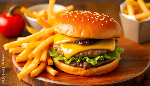 Close up of a double cheeseburger with fries on a wooden plate