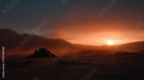 Camping expedition beneath a fiery sky: a lone tent under the warm sunset hues of twilight
