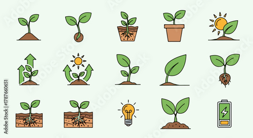 Vector icon set illustrating plant growth and seedling development stages.