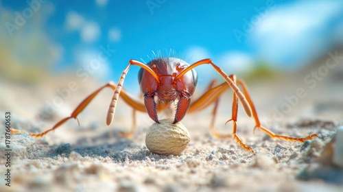 Magnified might: An ant's epic feat of carrying a nut against a boundless sky scene