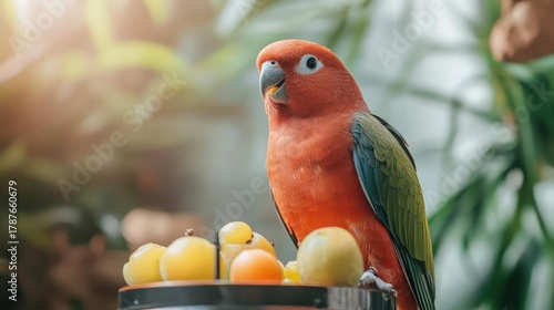 Exotic parrot on a buffet of fruits basking in sunlight showcasing vibrant hues of nature