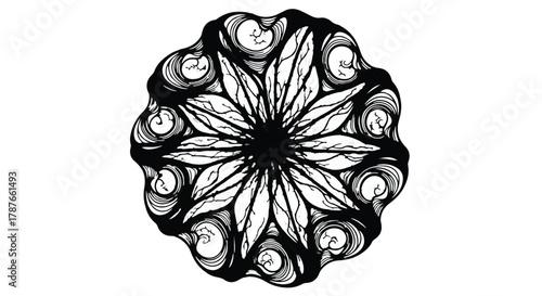Intricate black and white mandala pattern with organic floral elements, symbolizing harmony and complexity.