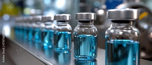 Vials with Blue Liquid in Pharmaceutical Production Environment