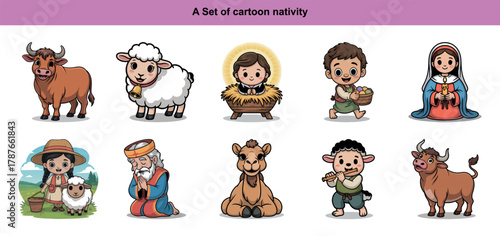 Cartoon nativity depicts Jesus, Mary, Joseph, animals, and other characters on transparent background