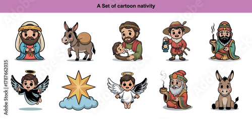 Cartoon nativity depicts Joseph, Mary with Jesus, wise men, donkey and angels