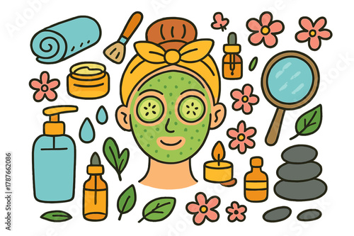 Colorful Spa Doodle. facial treatment. Colorful Hand-drawn doodle Children illustration facial treatment face mask, cucumber slices, headband, towel, cream