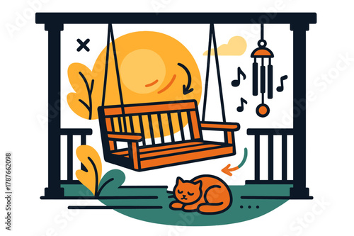 Golden Hour Serenity. Golden hour porch. Swing gently rocking under warm sunset light; cat curled nearby and wind chimes float like music notes. Peace wrapped
