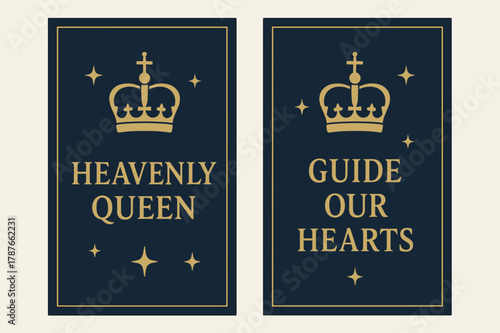 Heavenly Queen Banners. Heavenly Crown. Two vertical A6 banners with safe margins, centered composition, no elements touching edges, minimal, navy and gold,