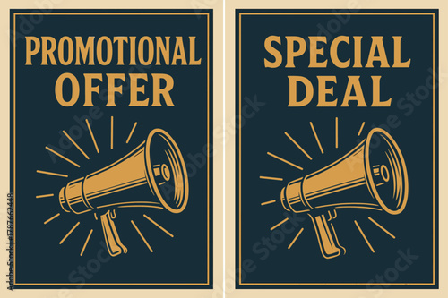 Retro Promotional Banners. PROMOTION. Two vertical A6 banners with safe margins, centered composition, no elements touching edges, retro, navy and gold,