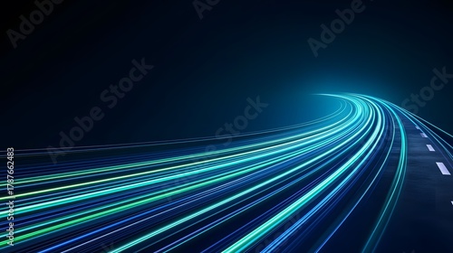 The image displays a futuristic, curving road with streaks of bright blue and green light trails, set against a dark background, creating a sense of speed and movement.