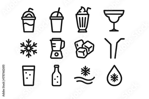Frozen Drink Icons. Frozen Drinks. Line icon set of Frozen Drinks: slushie cup, smoothie, milkshake, frozen margarita, snowflake symbol, blender, ice cubes,