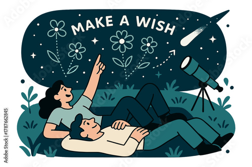 Stargazing Meadow Wishes. Stargazing on the field. Figures lie back on a blanket as constellations connect into meadow flowers; ?Make a wish? sparkles. A
