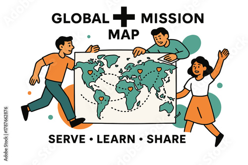 Global Mission Map. Global Mission Map. A gentle cross icon sits above a world map with dotted flight paths; small hearts mark partner communities. Text reads