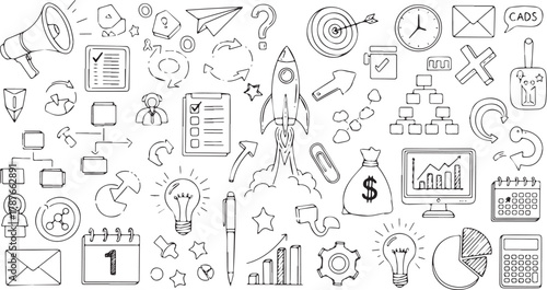 Hand-drawn business doodles vector illustration of marketing and finance elements background