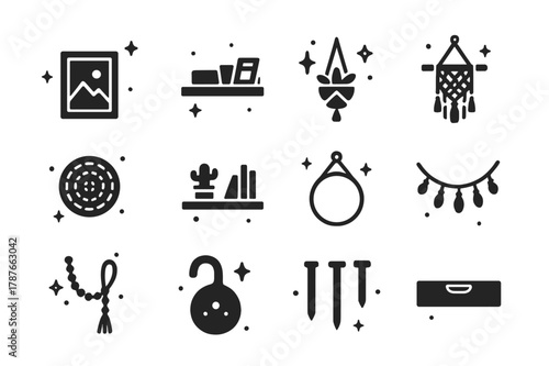 Wall Decor Icons. Wall decor above the bed. Solid icons set of Wall decor above the bed: framed art, picture ledge, hanging plant, macrame hanger, woven plate,