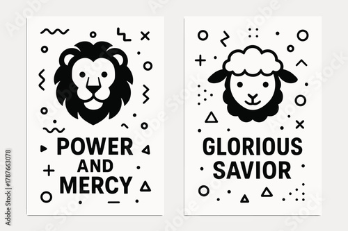 Lion and Lamb. Lion and Lamb. Two vertical A6 banners with safe margins, centered composition, no elements touching edges, memphis, black and white, playful