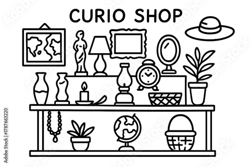 Curio Shop Doodle. Curio shop. Hand-drawn doodle illustration curio shop shelf, vase, figurine, lamp, old clock, map, jewelry, candle, basket, plant, globe,