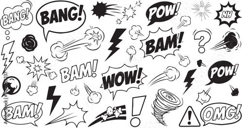 Comic speech bubbles with sound effects vector illustration of cartoon explosion elements background