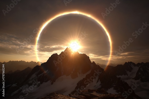 Stunning Solar Halo Over Majestic Mountain Range at Sunrise in Nature