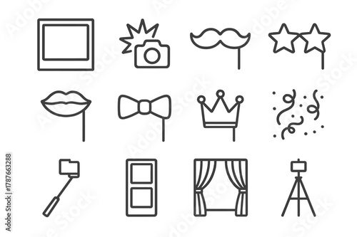 Photo Booth Icons. Photo Booth Fun. Line icon set of Photo Booth Fun: photo frame, camera flash, prop mustache, star glasses, lips prop, bow tie prop, crown
