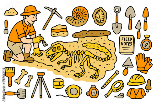Fossil Excavation Tools. Ancient bones. Hand-drawn doodle illustration paleontologist (colored), dinosaur skeleton (colored), fossils (colored), excavation