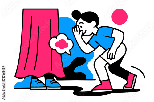 Playful Hide and Seek. Behind the Curtain. A pair of shoes peek below a flowing drape; a giggle bubble floats like a tiny cloud. The seeker?s shadow stretches