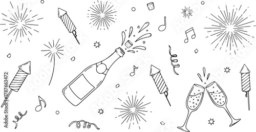 Hand-drawn New Years Eve illustration with champagne bottle fireworks and glasses simple line art for holiday celebrations and party invitations