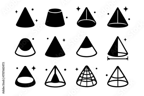 Geometric Cone Icons. Geometric cones. Solid icons set of geometric cones: simple cone shape, truncated cone, cone outline, cone with axis, cone projection,