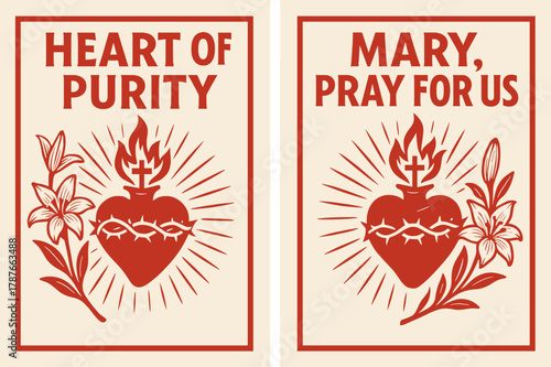 Immaculate Heart Banners. Immaculate Heart. Two vertical A6 banners with safe margins, centered composition, no elements touching edges, bold, red and beige,