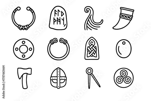 Celtic Norse Icon Grid. Celtic and Norse relics. Line icon set of Celtic and Norse relics: torc necklace, rune stone, longship prow, drinking horn, shield