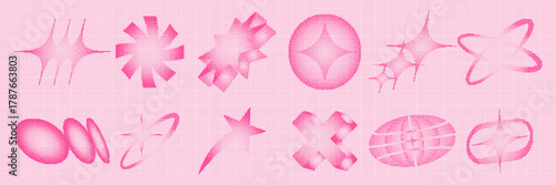 halftone y2k element dither. Halftone shape effect with duotone. Retro space elements for nostalgic web design or futuristic digital aesthetics