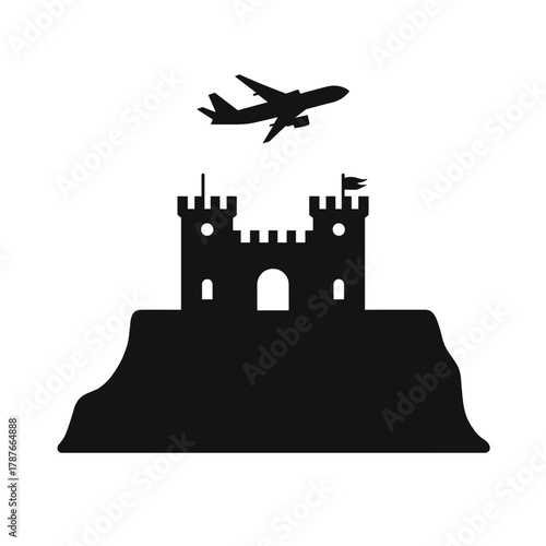 Isolated castle silhouette on hilltop with airplane above, architecture showcases classic towers and stone walls. Isolated castle silhouette for creating fairy tale graphics,