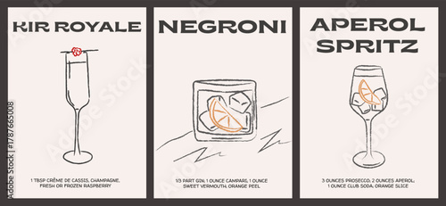 Retro cocktail recipe cards set. Kir Royale, Negroni, Aperol Spritz. Hand drawn illustrations, classic drink ingredients, bold typography for bar decor, prints, social media, creative menu design.